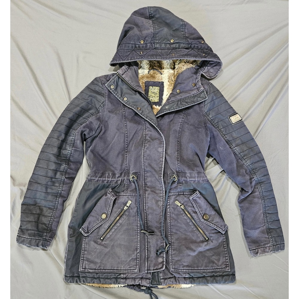 Yes Zee Parka Jacket Women M Navy Blue Faux Fur Lined Italy Moto Utility Coat